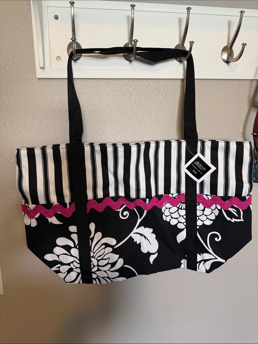 Black & White Floral Stripe Tote with Pink Trim